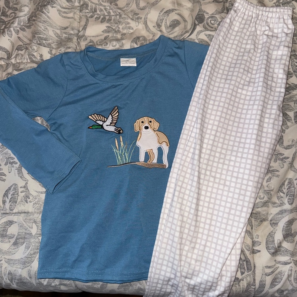 Blue Kids Set with Dog & Duck Embroidery